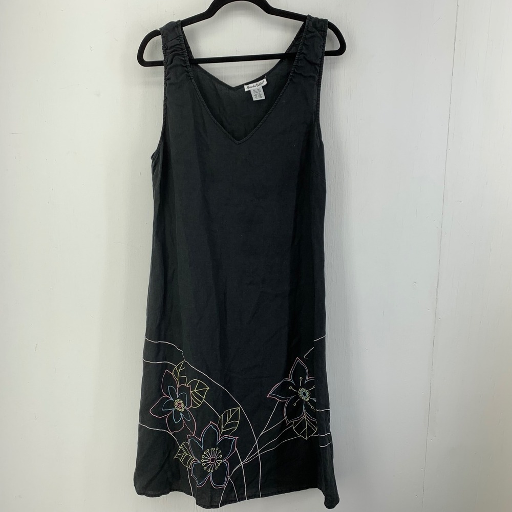Alexandra Bartlett Linen Floral Embroidered Lagenlook 90s Midi Dress Size 12